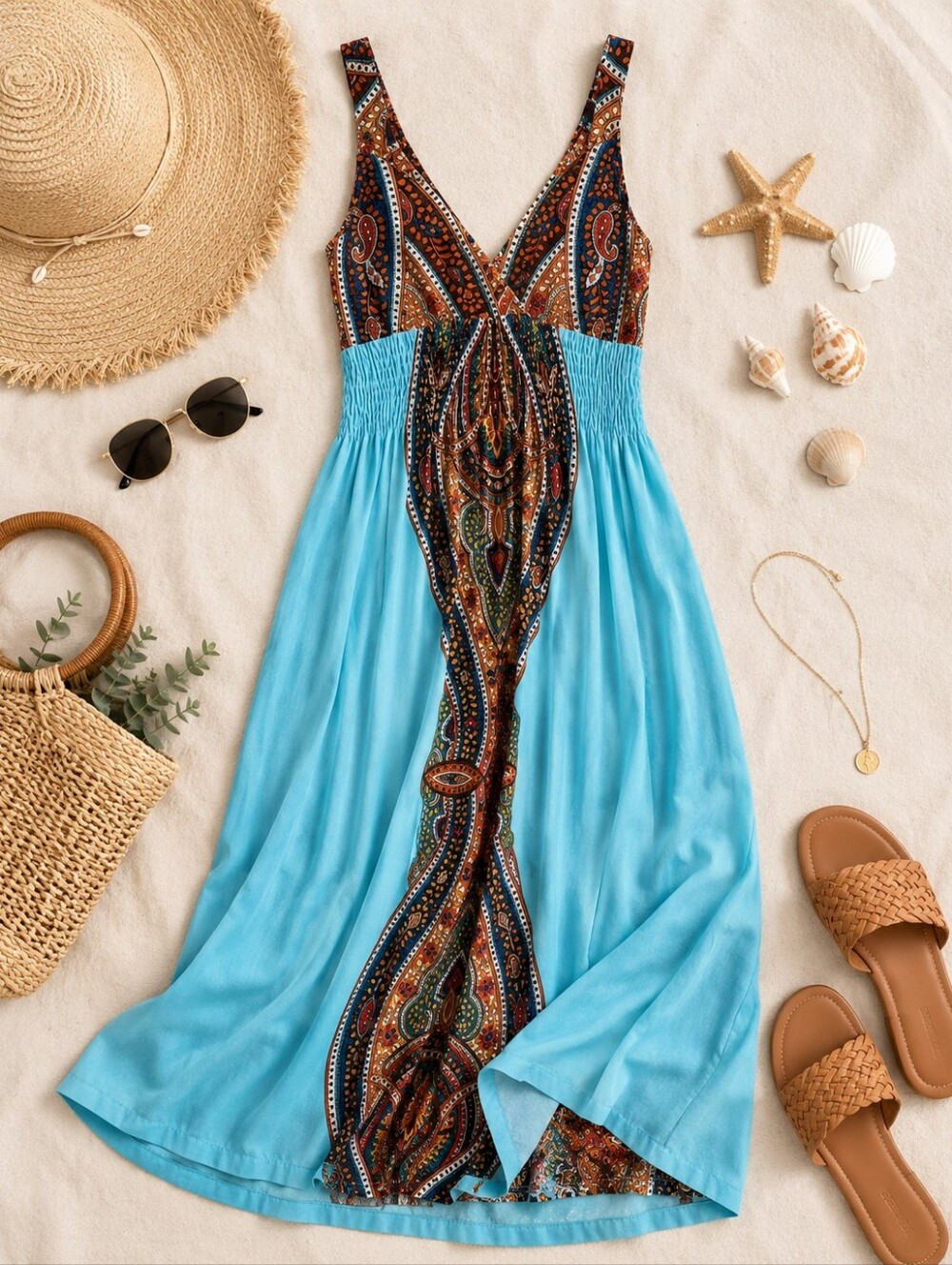 Boho Paisley Maxi Dress Turquoise Blue Sleeveless Empire Waist Resortwear - Picture 2 of 6